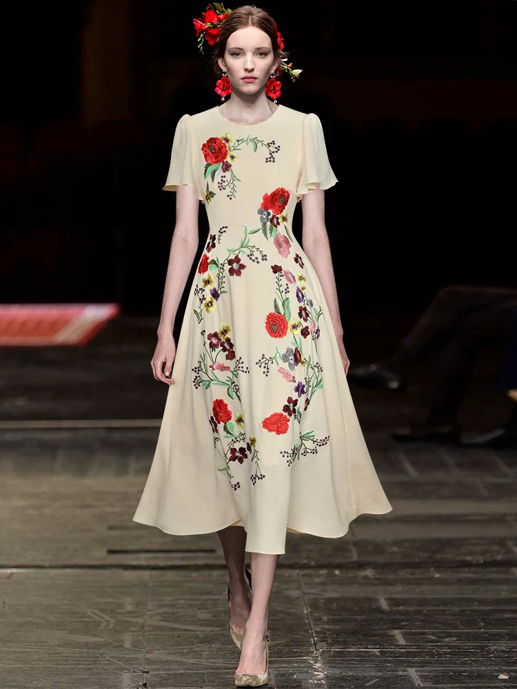 women runway designer floral embroidery dress